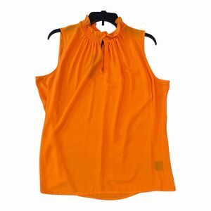 Worthington Women XL NWT Orange Pop Sleeveless Sheer Blouse Keyhole Mock Ruffle